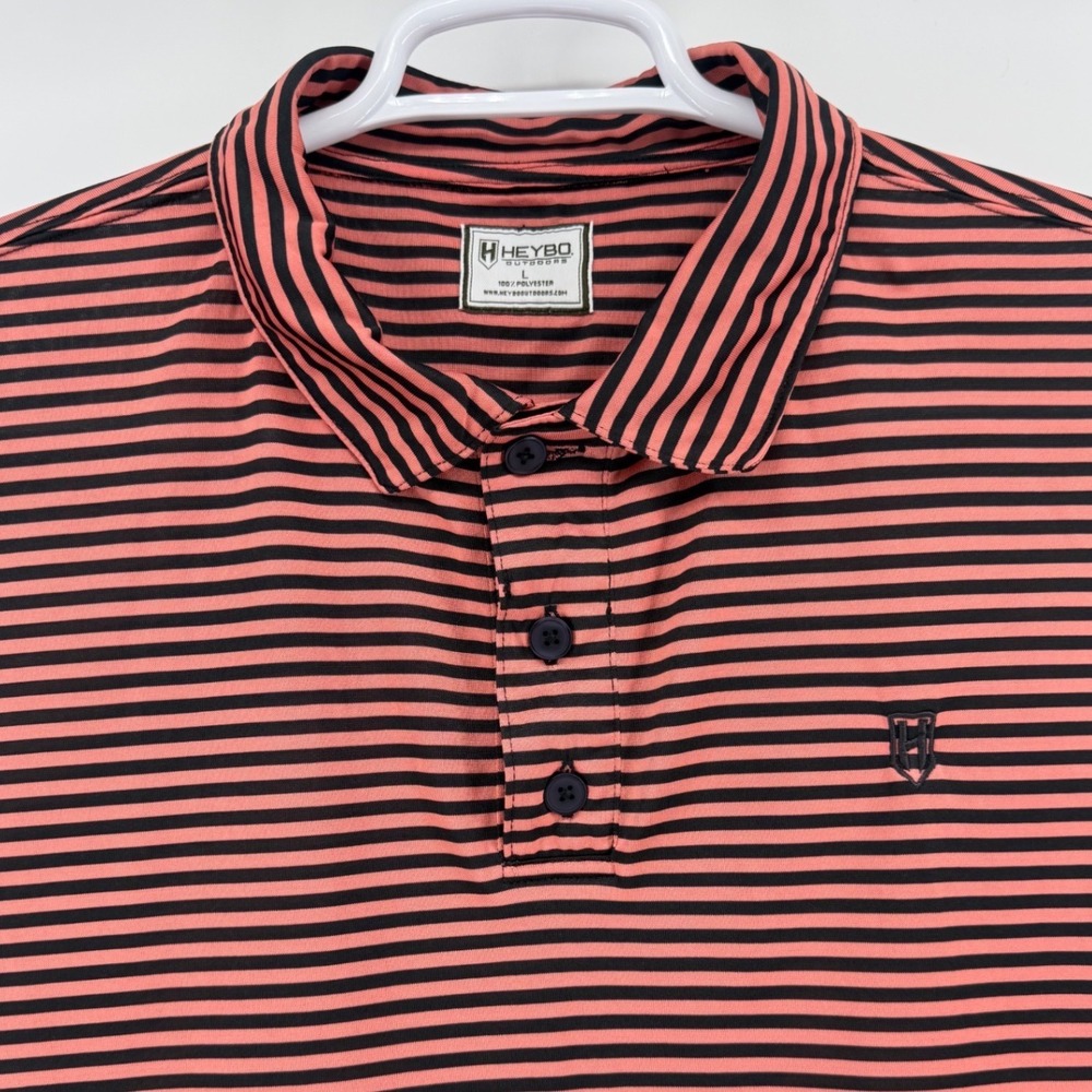 Heybo Outdoors Mens Large Polo Shirt Salmon Black Striped Performance Polyester